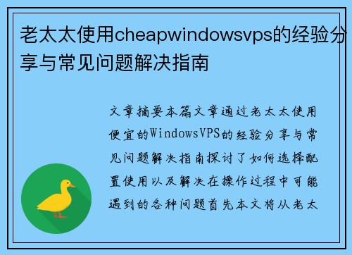 老太太使用cheapwindowsvps的经验分享与常见问题解决指南